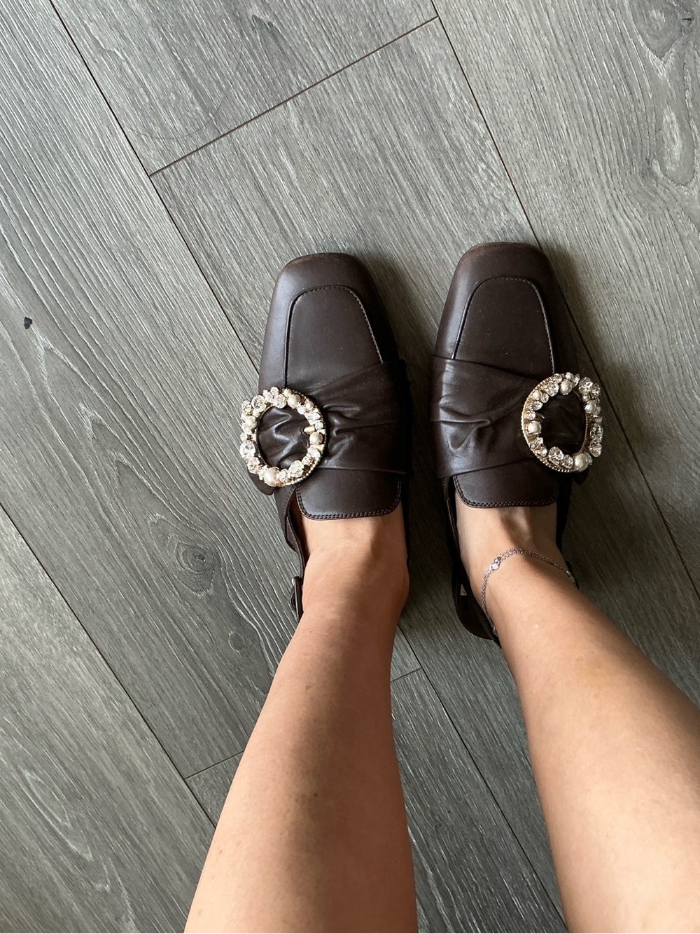 Miu Miu Dark Brown Leather Loafers with Crystal Buckles
